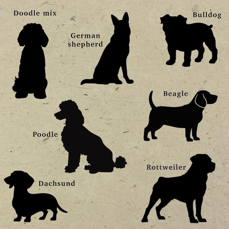 Pu&ograve; includere: Una collezione di sagome nere di cani su uno sfondo beige testurizzato, etichettate con il testo Doodle mix, German shepherd, Bulldog, Poodle, Beagle, Dachsund e Rottweiler, che mostrano varie razze canine in profilo o in posa seduta.