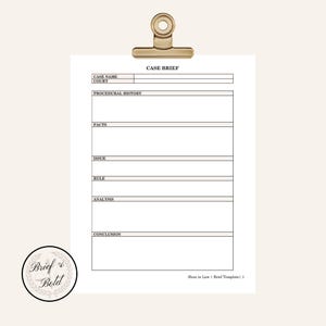 May include: A white paper case brief template held by a gold metal clip. The document features sections labelled Case Name, Court, Procedural History, Facts, Issue, Rule, Analysis, and Conclusion. The bottom right corner displays text reading Shan in Law | Brief Template | 1.