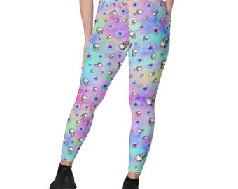 Skull Leggings, Pocket Leggings, Womens Halloween Leggings, Plus Size, Pastel Goth, Crossover Waist Legging