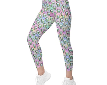 Skull and Flower Leggings, Womens Halloween Leggings, Plus Size Leggings, Crossover Waist, Rainbow Leggings, Skull Leggings, Pastel Goth