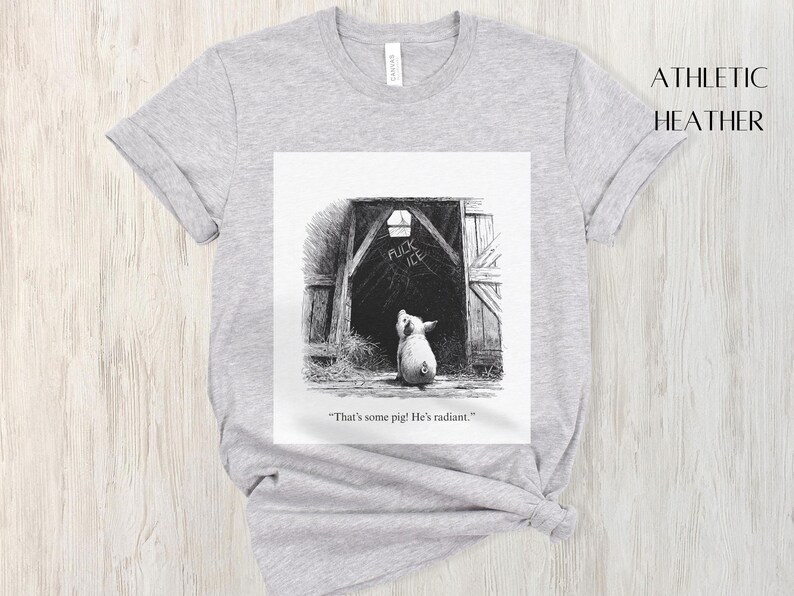 Puede incluir: Camiseta gris jaspeado con una ilustraci&oacute;n en blanco y negro de un cerdo mirando una puerta de granero. La puerta del granero tiene las palabras "FUCK ICE" escritas. El texto "That's some pig! He's radiant." est&aacute; debajo.