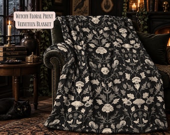 WItchy Gothic Floral Throw Blanket, Beige on Black Dark Botanical Decor, Cottagecore Gift