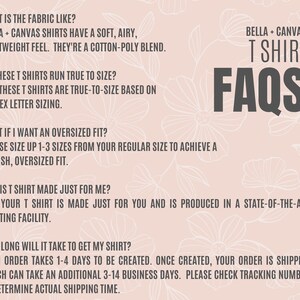 Puede incluir: Un fondo rosa con patrones florales y texto. El texto incluye "BELLA + CANVAS T SHIRT FAQS" y responde preguntas sobre la tela, el tallaje y el ajuste de las camisetas.