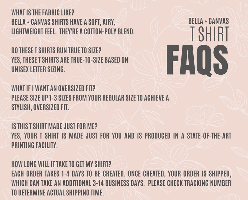 Puede incluir: Un fondo rosa con patrones florales y texto. El texto incluye "BELLA + CANVAS T SHIRT FAQS" y responde preguntas sobre la tela, el tallaje y el ajuste de las camisetas.