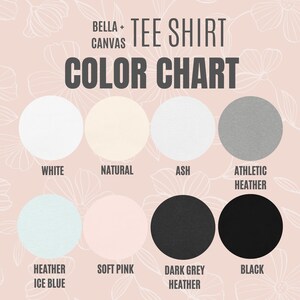 Puede incluir: Una carta de colores para camisetas Bella + Canvas. La tabla muestra ocho opciones de color: blanco, natural, ceniza, athletic heather, heather ice blue, rosa suave, dark grey heather y negro. El texto "COLOR CHART" est&aacute; en negrita, en letras gris oscuro.