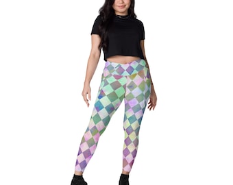 Pastel Goth Leggings, Diamond Print, Womens Halloween Leggings, Plus Size Leggings, Crossover Waist Leggings