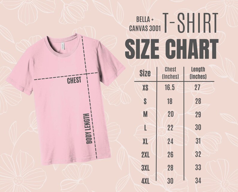 Puede incluir: Una camiseta rosa claro Bella + Canvas 3001 con una tabla de tallas. La tabla muestra las medidas de pecho y largo en pulgadas para las tallas XS a 4XL. La camiseta tiene cuello redondo y mangas cortas.