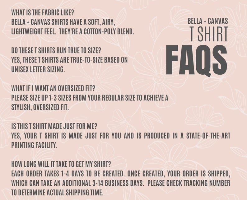 May include: A pink background with floral patterns and text. The text includes the words "BELLA + CANVAS T SHIRT FAQS" and answers questions about the fabric, sizing, and production of the shirts.