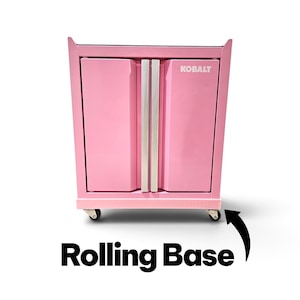 May include: A pink Kobalt storage cabinet with two doors, vertical silver handles, and a rolling base featuring four casters. The text Rolling Base is printed below the cabinet with an arrow pointing toward the bottom right caster wheel.