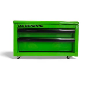 May include: A bright green rolling tool chest with two drawers and the text "U.S. GENERAL" in black. The drawer pulls are black. The tool chest has four wheels and is on a white background.
