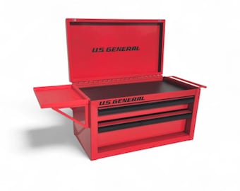 May include: A red metal tool chest with the text "U.S. GENERAL" on the lid and front. The chest has a top compartment, two drawers, and a side tray. The open lid reveals a black interior.