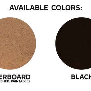 May include: Two colour options for a round, flat surface. The first option is a natural brown fibreboard, labelled "Fibreboard (Unfinished, Paintable)". The second option is black, labelled "Black".