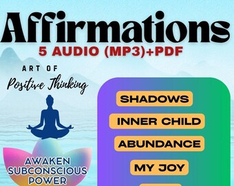 May include: Digital download graphic with the word "Affirmations" in bold black letters. The image includes text that says "Art of Positive Thinking" and "Awaken Subconscious Power". A list of affirmations is also included.