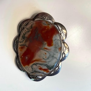 Broche antique écossaise en argent • Grande épingle victorienne en agate mousse 5 cm image 1