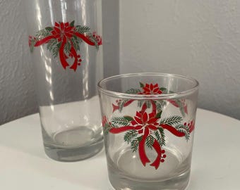Vintage Anchor Hocking Weihnachtsgläser • Poinsettia & Ribbon Urlaub Becher • Rocks oder Highball Gläser Set