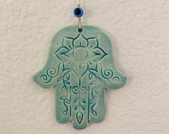 Handmade Ceramic Hamsa Evil Eye Wall Hanging - aqua crackle glaze