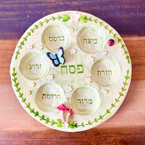 Handmade Ceramic Seder Plate - Magic Mushroom Butterfly Garden Design