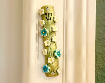 Handmade Flower Garden Mezuzah - green tea crackle glaze with blue and white flowers