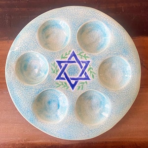 Handmade Ceramic Seder Plate - aqua crackle Star of David