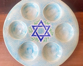 Handmade Ceramic Seder Plate - aqua crackle Star of David