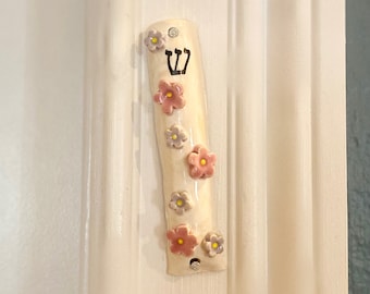 Handmade Flower Garden Mezuzah - pink and lavender flowers