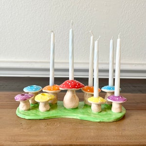 Handmade Ceramic Rainbow Mushroom Menorah