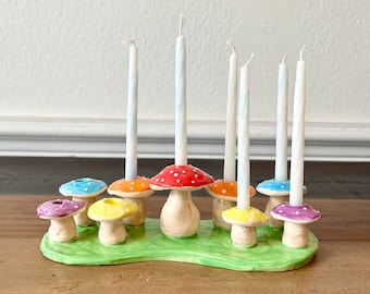 Handmade Ceramic Rainbow Mushroom Menorah