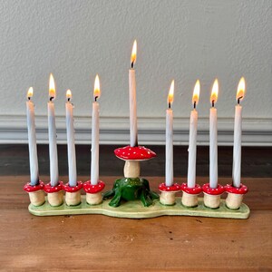 Handmade Ceramic Menorah - Frogs and Mushrooms
