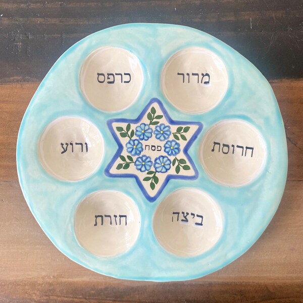 Handmade Ceramic Seder Plate - Blue Flower Star of David