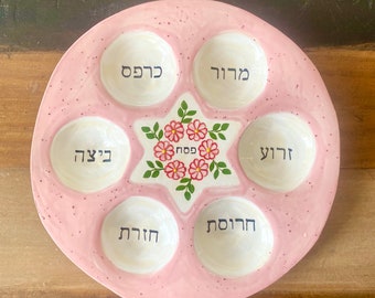 Handmade Ceramic Seder Plate - Pink Flower Star of David