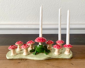 Handmade Ceramic Menorah - Frogs and Mushrooms