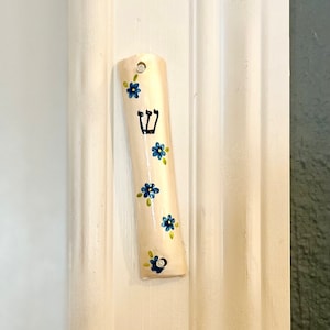 Handmade Ceramic Painted Flowers Mezuzah - Blue flowers