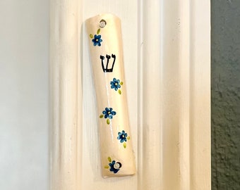 Handmade Ceramic Painted Flowers Mezuzah - Blue flowers