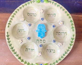 Handmade Ceramic Seder Plate - Hamsa Garden