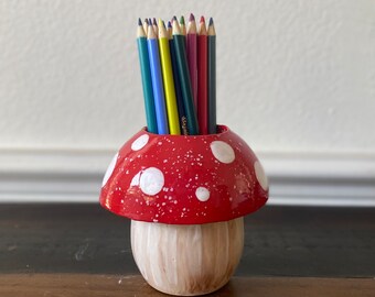 Handmade Red and White Ceramic Mushroom Shaped Vase / Pencil Holder / Planter