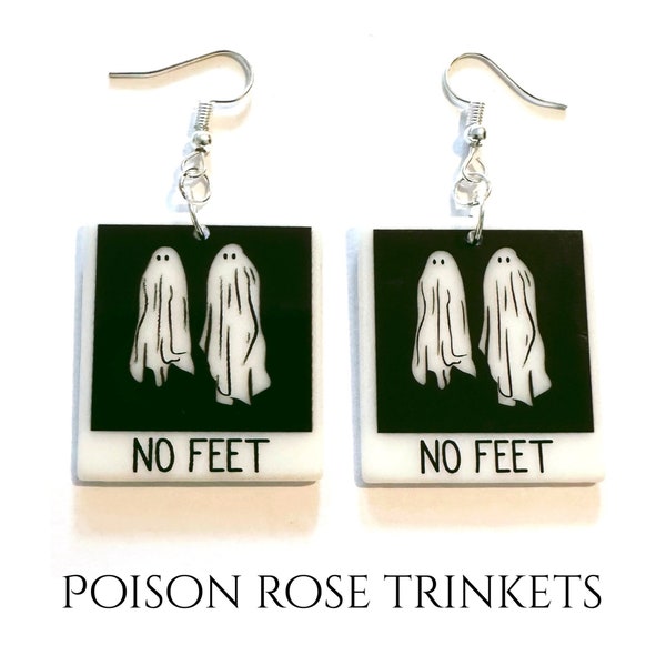 Handmade ‘No Feet’ ghost polaroid Beetlejuice earrings Tim Burton emo goth Halloween Horror