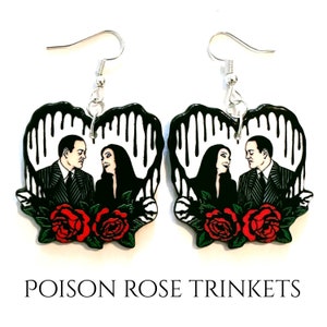 Handmade Morticia and Gomez Addams heart hook drop/dangle earrings