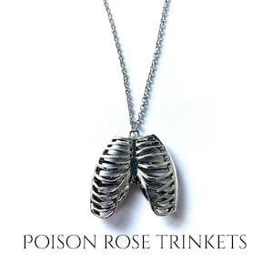 Antique silver distressed looking ribcage pendant charm necklace Halloween horror gothic bones skeleton