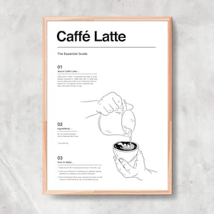 May include: A black and white illustration of a guide to making a Caffè Latte. The guide includes the ingredients and steps to make the drink. The text reads "Caffè Latte, The Essential Guide, 01 About Caffè Latte, 02 Ingredients, 03 How to Make"