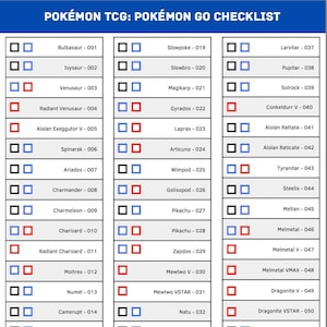 Puede incluir: Una lista de verificación para las cartas de intercambio de Pokémon Go. La lista de verificación está dividida en tres columnas, cada una con una lista de cartas de Pokémon. Las cartas de Pokémon están listadas en orden de su número, con el nombre de la carta y su número listados uno al lado del otro. La lista de verificación está impresa en un fondo blanco con texto negro.