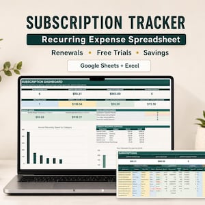 May include: A digital subscription tracker spreadsheet for Google Sheets and Excel displayed on a laptop screen. The dashboard features a dark green header, data tables for recurring expenses, renewal dates, free trials, and savings metrics.