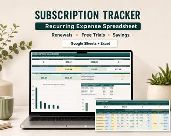 Subscription Tracker Spreadsheet | Recurring Expense & Renewal Planner for Google Sheets