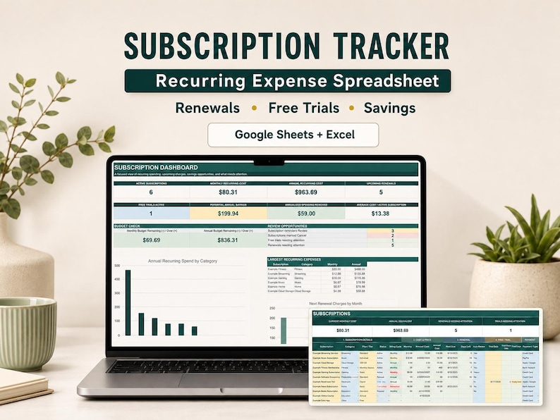 May include: A digital subscription tracker spreadsheet for Google Sheets and Excel displayed on a laptop screen. The dashboard features a dark green header, data tables for recurring expenses, renewal dates, free trials, and savings metrics.