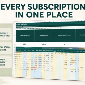 May include: A digital spreadsheet template for tracking subscriptions, featuring the text EVERY SUBSCRIPTION IN ONE PLACE. The interface includes columns for monthly costs, annual equivalents, renewal dates, and trial alerts, organised in a dark green and light blue grid.