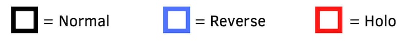 May include: Three different versions of a square card frame. The first frame is black, the second is blue, and the third is red. The text below each frame reads "Normal", "Reverse", and "Holo" respectively.