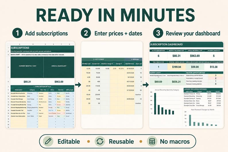 May include: A digital spreadsheet template titled READY IN MINUTES showing three steps: Add subscriptions, Enter prices + dates, and Review your dashboard. The interface features dark green headers, data tables, and charts for tracking costs.