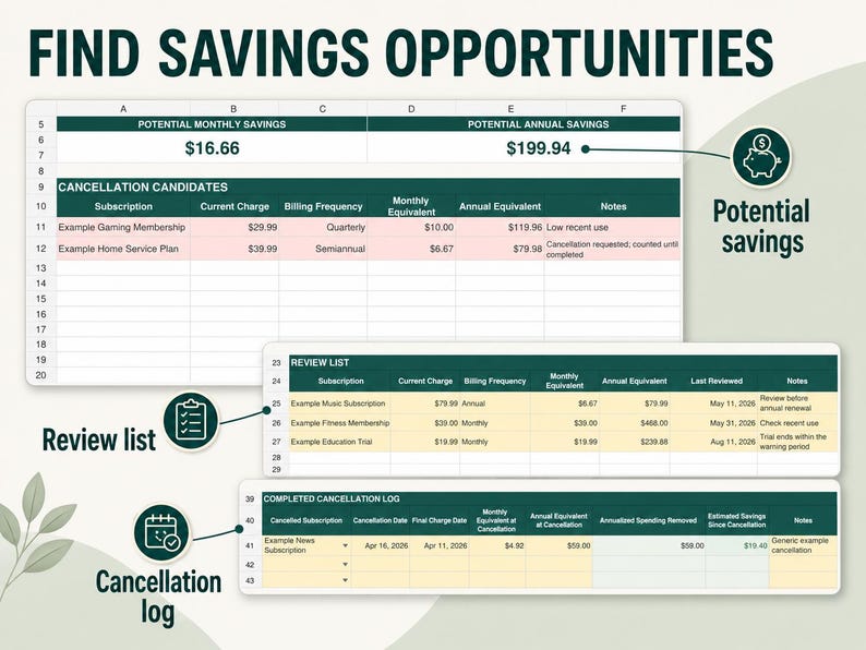 May include: A digital spreadsheet titled FIND SAVINGS OPPORTUNITIES featuring three sections: CANCELLATION CANDIDATES, REVIEW LIST, and COMPLETED CANCELLATION LOG. The tables display subscription data, monthly and annual costs, and savings calculations.