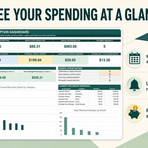 May include: A subscription dashboard infographic titled SEE YOUR SPENDING AT A GLANCE. It displays financial data including active subscriptions, monthly and annual costs, budget checks, and recurring expenses with bar charts and summary tables.