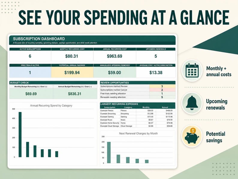 May include: A subscription dashboard infographic titled SEE YOUR SPENDING AT A GLANCE. It displays financial data including active subscriptions, monthly and annual costs, budget checks, and recurring expenses with bar charts and summary tables.