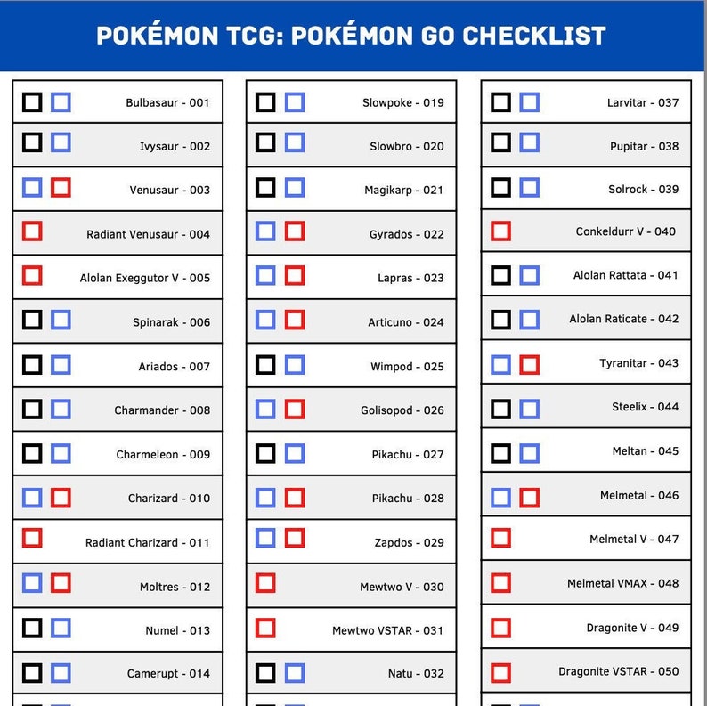 May include: A checklist for Pok&eacute;mon Go trading cards. The checklist is divided into three columns, each with a list of Pok&eacute;mon cards. The Pok&eacute;mon cards are listed in order of their number, with the name of the card and its number listed next to each other. The checklist is printed on a white background with black text.